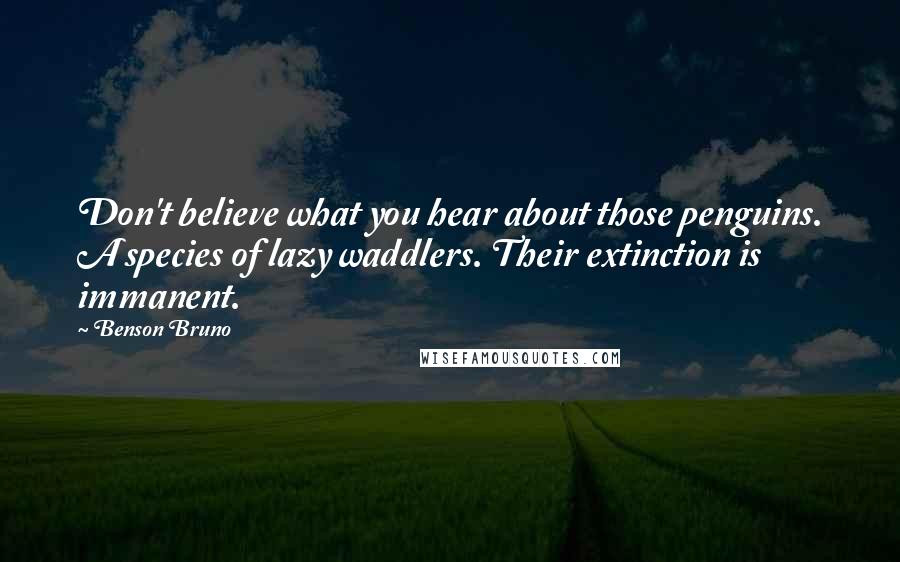 Benson Bruno Quotes: Don't believe what you hear about those penguins. A species of lazy waddlers. Their extinction is immanent.