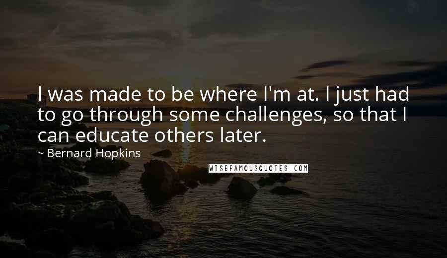 Bernard Hopkins Quotes: I was made to be where I'm at. I just had to go through some challenges, so that I can educate others later.