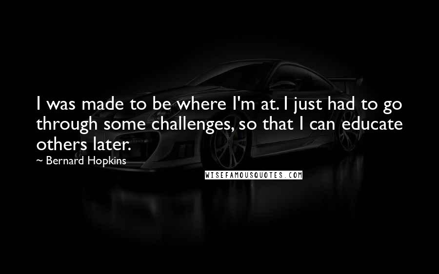 Bernard Hopkins Quotes: I was made to be where I'm at. I just had to go through some challenges, so that I can educate others later.