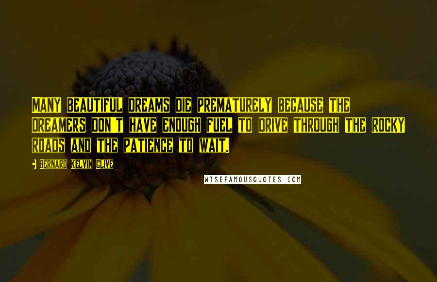 Bernard Kelvin Clive Quotes: Many beautiful dreams die prematurely because the dreamers don't have enough fuel to drive through the rocky roads and the patience to wait.