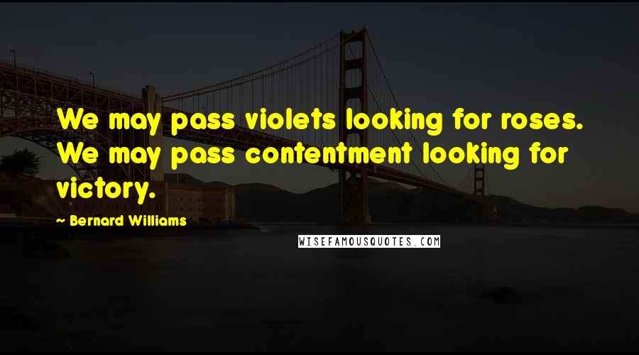 Bernard Williams Quotes: We may pass violets looking for roses. We may pass contentment looking for victory.