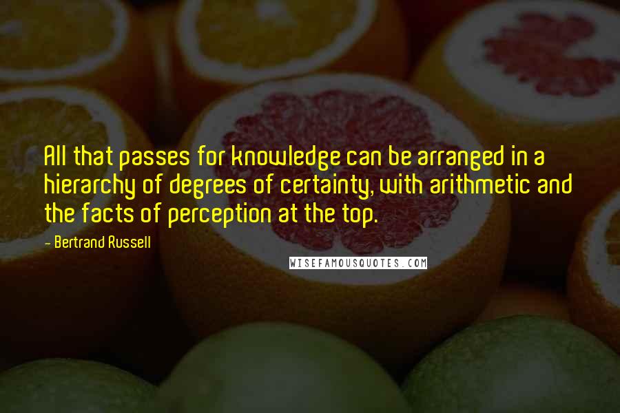 Bertrand Russell Quotes: All that passes for knowledge can be arranged in a hierarchy of degrees of certainty, with arithmetic and the facts of perception at the top.