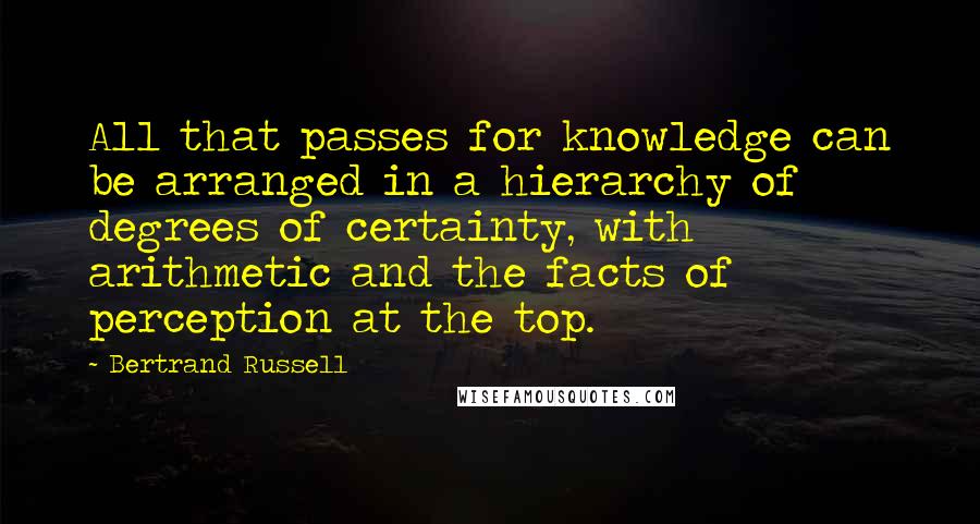 Bertrand Russell Quotes: All that passes for knowledge can be arranged in a hierarchy of degrees of certainty, with arithmetic and the facts of perception at the top.