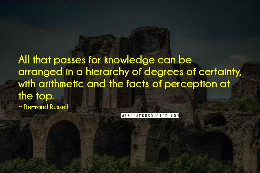 Bertrand Russell Quotes: All that passes for knowledge can be arranged in a hierarchy of degrees of certainty, with arithmetic and the facts of perception at the top.