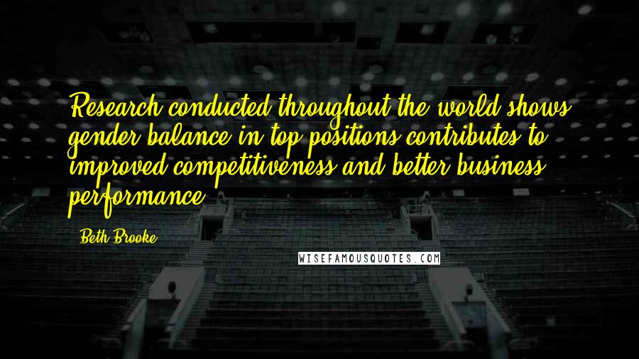 Beth Brooke Quotes: Research conducted throughout the world shows gender balance in top positions contributes to improved competitiveness and better business performance.