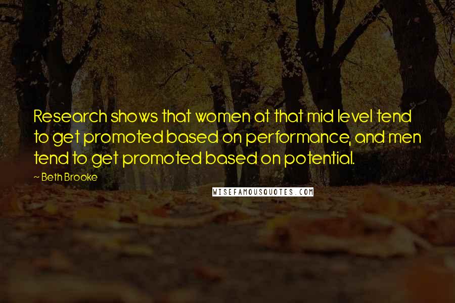 Beth Brooke Quotes: Research shows that women at that mid level tend to get promoted based on performance, and men tend to get promoted based on potential.