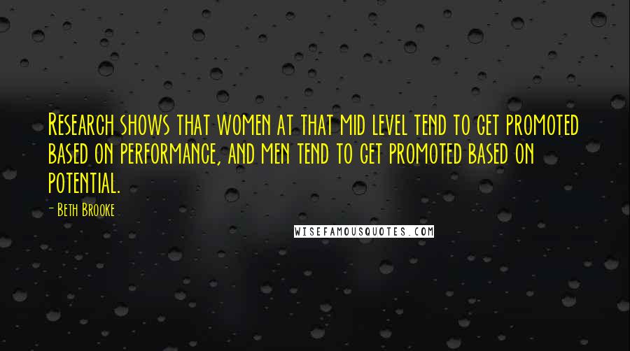 Beth Brooke Quotes: Research shows that women at that mid level tend to get promoted based on performance, and men tend to get promoted based on potential.