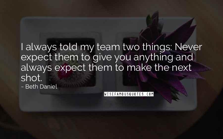 Beth Daniel Quotes: I always told my team two things: Never expect them to give you anything and always expect them to make the next shot.