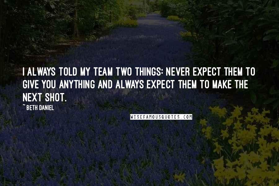 Beth Daniel Quotes: I always told my team two things: Never expect them to give you anything and always expect them to make the next shot.
