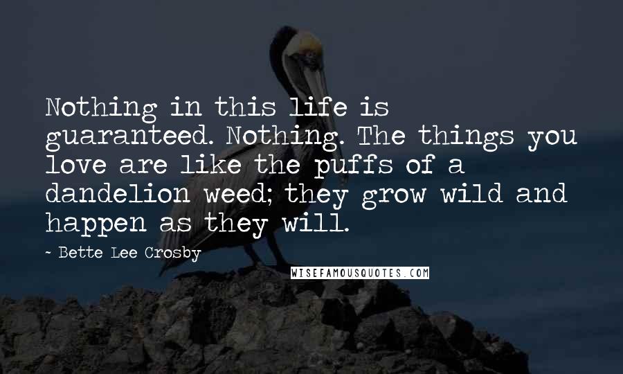 Bette Lee Crosby Quotes: Nothing in this life is guaranteed. Nothing. The things you love are like the puffs of a dandelion weed; they grow wild and happen as they will.