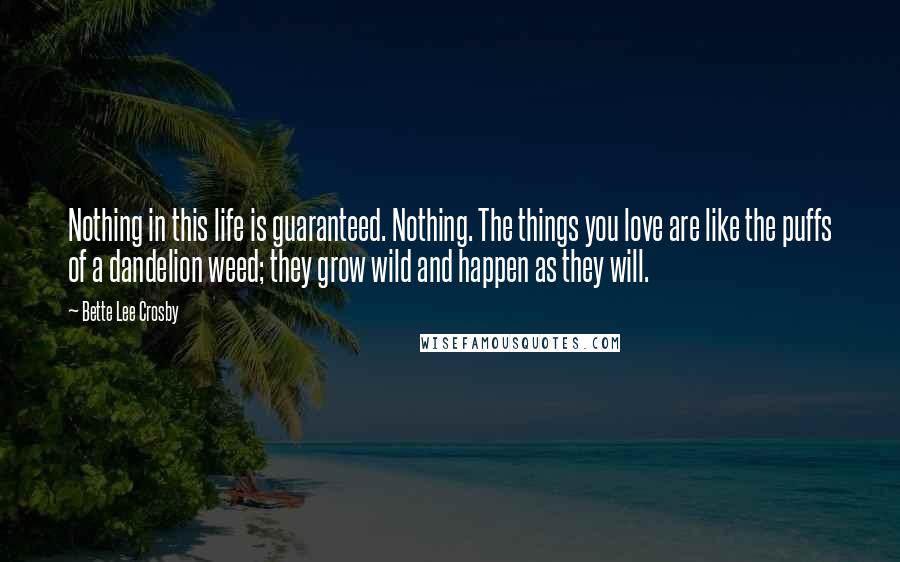 Bette Lee Crosby Quotes: Nothing in this life is guaranteed. Nothing. The things you love are like the puffs of a dandelion weed; they grow wild and happen as they will.