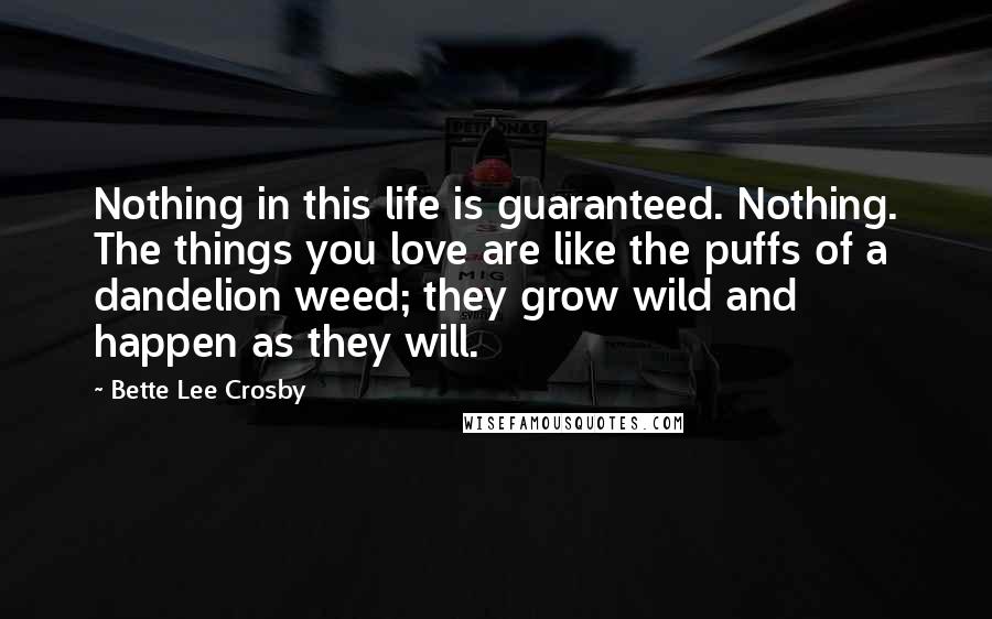 Bette Lee Crosby Quotes: Nothing in this life is guaranteed. Nothing. The things you love are like the puffs of a dandelion weed; they grow wild and happen as they will.