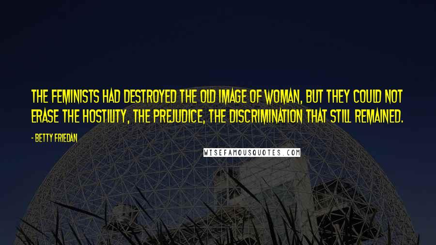Betty Friedan Quotes: The feminists had destroyed the old image of woman, but they could not erase the hostility, the prejudice, the discrimination that still remained.