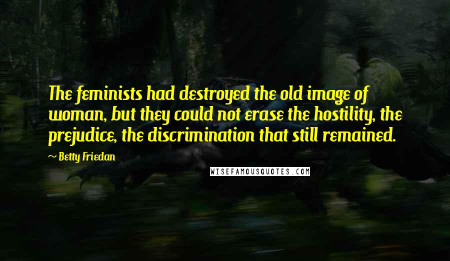 Betty Friedan Quotes: The feminists had destroyed the old image of woman, but they could not erase the hostility, the prejudice, the discrimination that still remained.