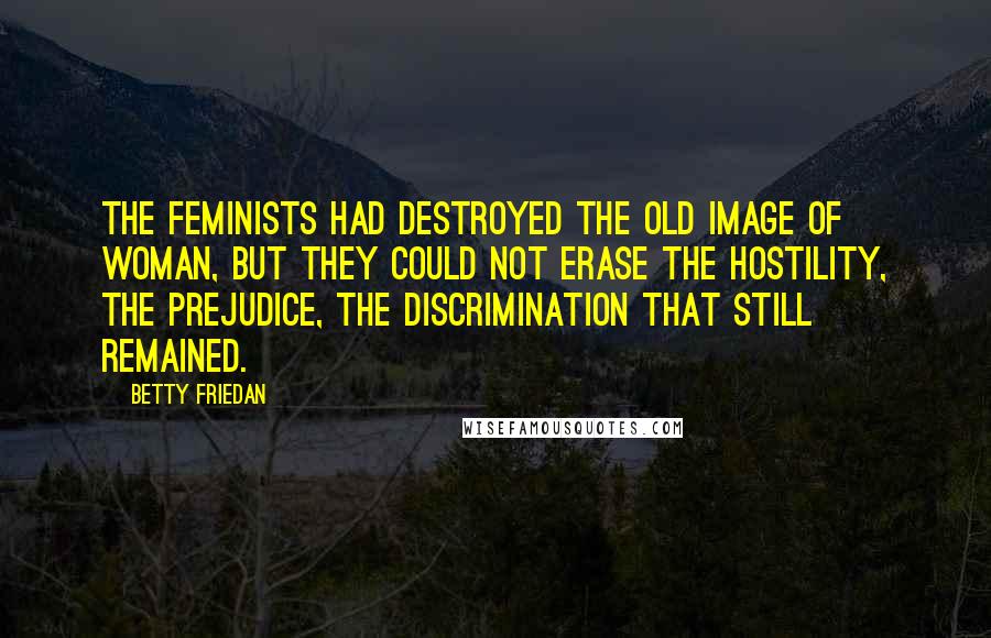 Betty Friedan Quotes: The feminists had destroyed the old image of woman, but they could not erase the hostility, the prejudice, the discrimination that still remained.