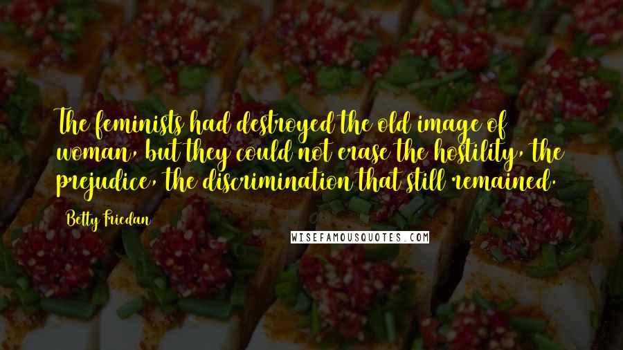 Betty Friedan Quotes: The feminists had destroyed the old image of woman, but they could not erase the hostility, the prejudice, the discrimination that still remained.
