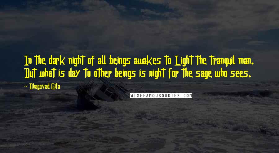 Bhagavad Gita Quotes: In the dark night of all beings awakes to Light the tranquil man. But what is day to other beings is night for the sage who sees.