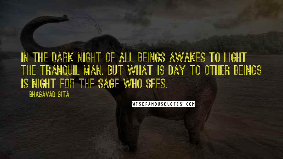 Bhagavad Gita Quotes: In the dark night of all beings awakes to Light the tranquil man. But what is day to other beings is night for the sage who sees.