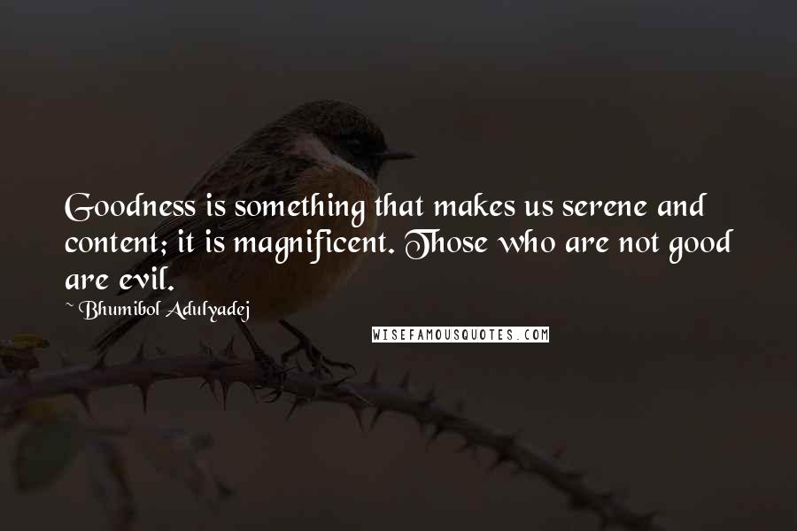 Bhumibol Adulyadej Quotes: Goodness is something that makes us serene and content; it is magnificent. Those who are not good are evil.