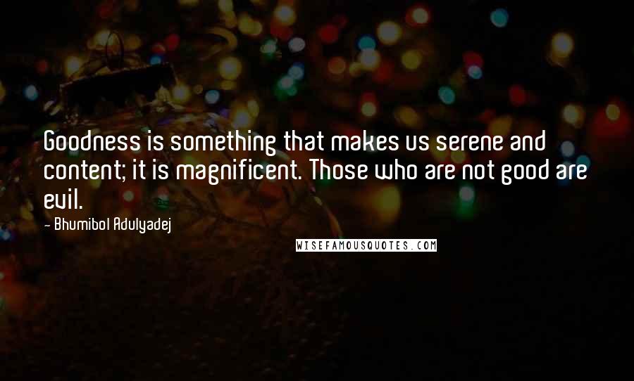 Bhumibol Adulyadej Quotes: Goodness is something that makes us serene and content; it is magnificent. Those who are not good are evil.