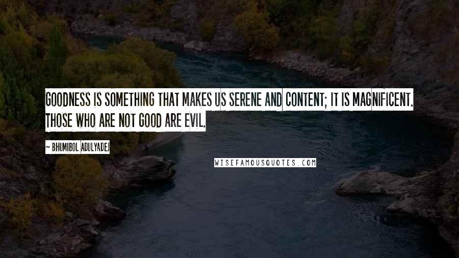 Bhumibol Adulyadej Quotes: Goodness is something that makes us serene and content; it is magnificent. Those who are not good are evil.