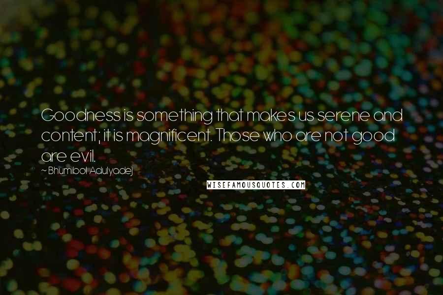 Bhumibol Adulyadej Quotes: Goodness is something that makes us serene and content; it is magnificent. Those who are not good are evil.