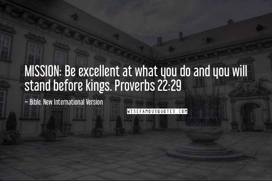 Bible. New International Version Quotes: MISSION: Be excellent at what you do and you will stand before kings. Proverbs 22:29