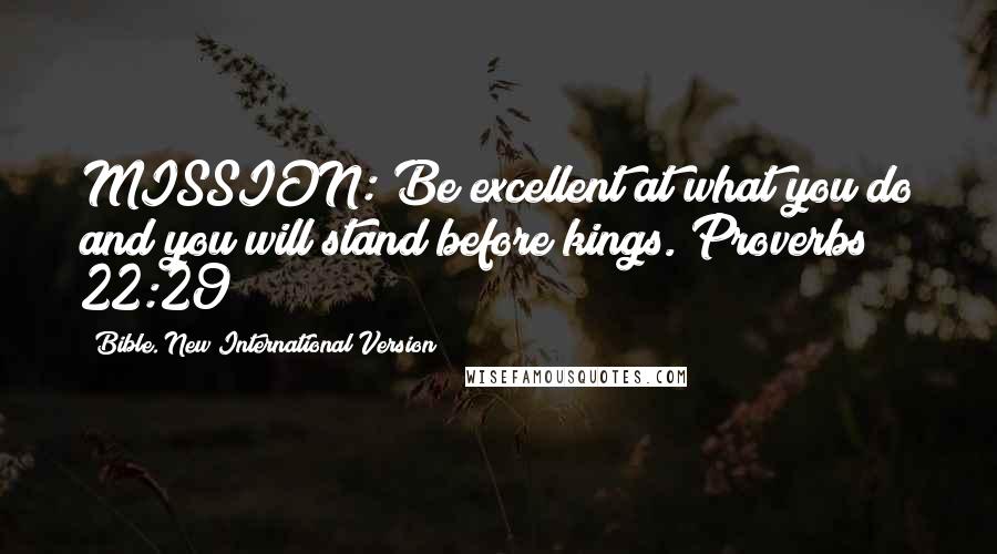 Bible. New International Version Quotes: MISSION: Be excellent at what you do and you will stand before kings. Proverbs 22:29