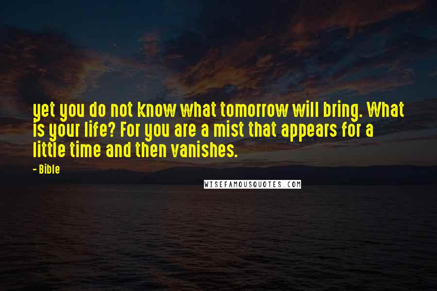 Bible Quotes: yet you do not know what tomorrow will bring. What is your life? For you are a mist that appears for a little time and then vanishes.
