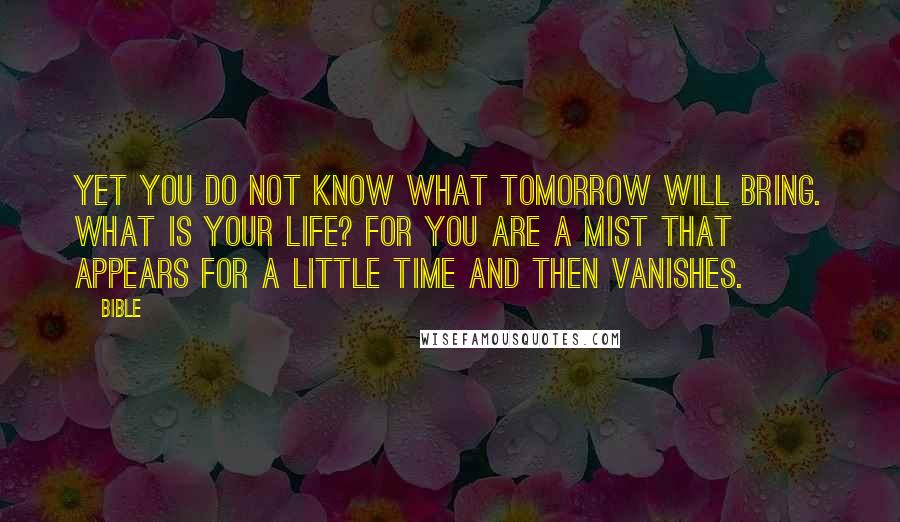 Bible Quotes: yet you do not know what tomorrow will bring. What is your life? For you are a mist that appears for a little time and then vanishes.