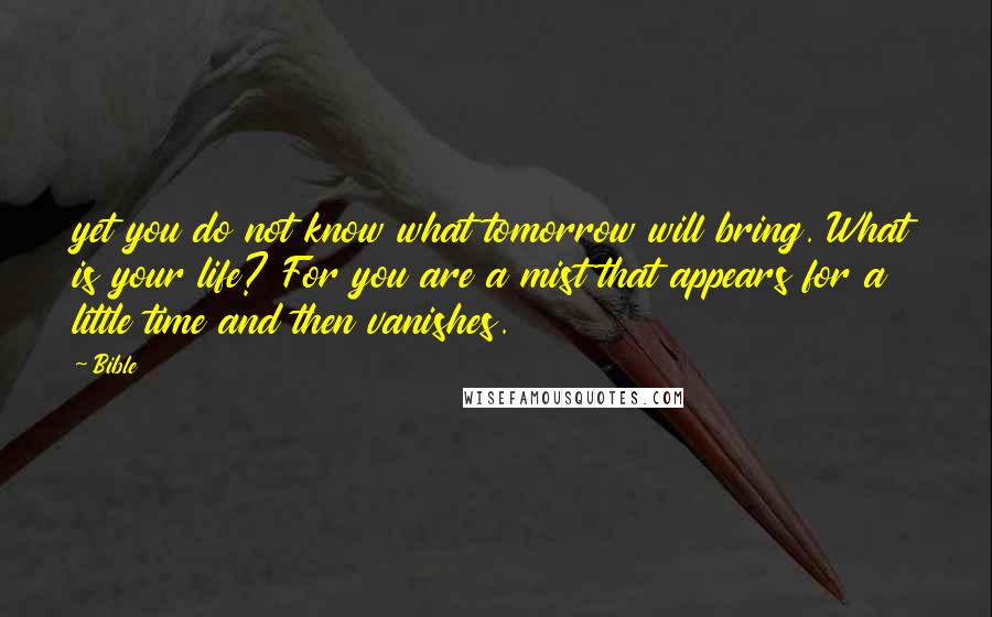 Bible Quotes: yet you do not know what tomorrow will bring. What is your life? For you are a mist that appears for a little time and then vanishes.