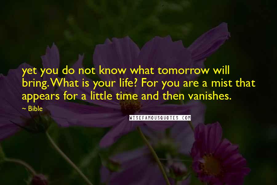 Bible Quotes: yet you do not know what tomorrow will bring. What is your life? For you are a mist that appears for a little time and then vanishes.
