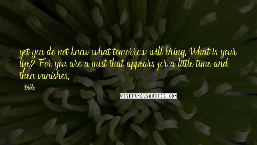 Bible Quotes: yet you do not know what tomorrow will bring. What is your life? For you are a mist that appears for a little time and then vanishes.