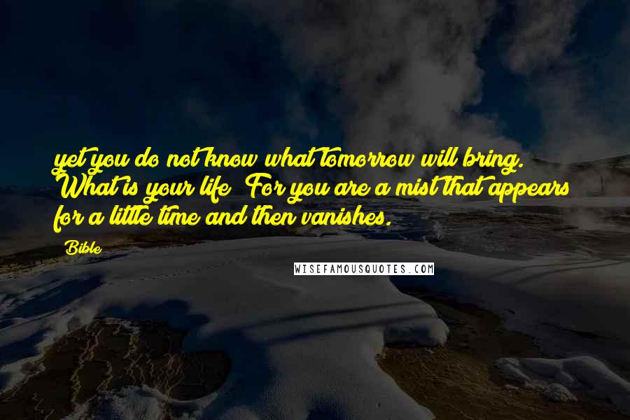Bible Quotes: yet you do not know what tomorrow will bring. What is your life? For you are a mist that appears for a little time and then vanishes.
