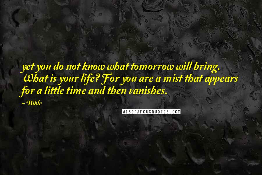Bible Quotes: yet you do not know what tomorrow will bring. What is your life? For you are a mist that appears for a little time and then vanishes.