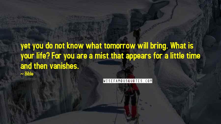 Bible Quotes: yet you do not know what tomorrow will bring. What is your life? For you are a mist that appears for a little time and then vanishes.