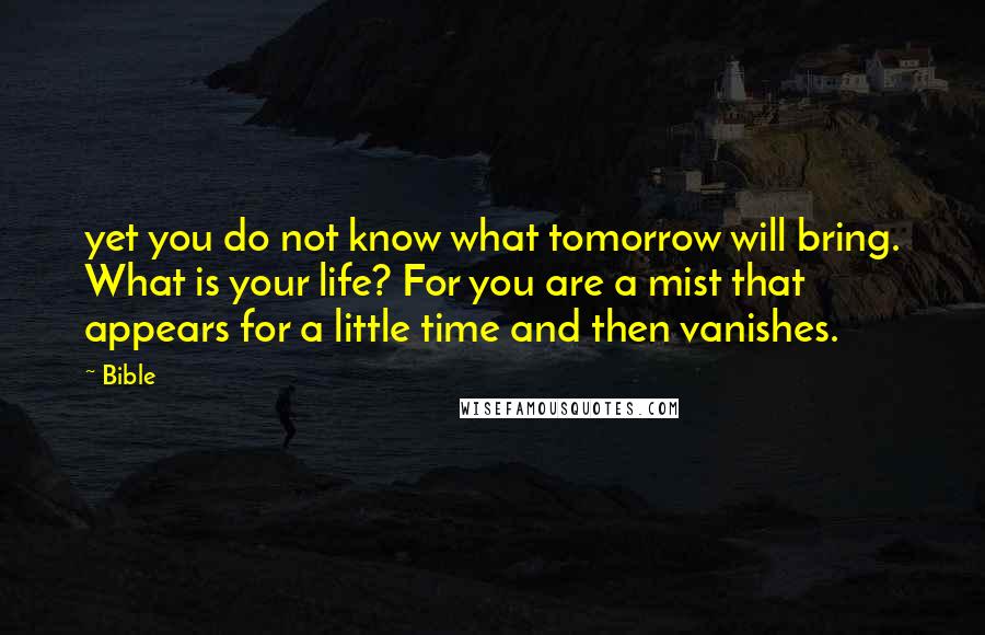 Bible Quotes: yet you do not know what tomorrow will bring. What is your life? For you are a mist that appears for a little time and then vanishes.
