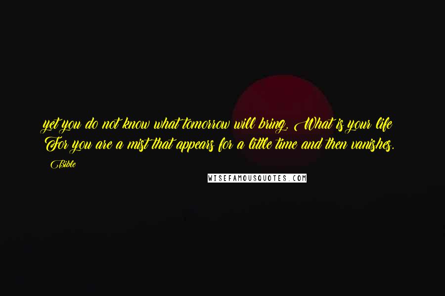 Bible Quotes: yet you do not know what tomorrow will bring. What is your life? For you are a mist that appears for a little time and then vanishes.