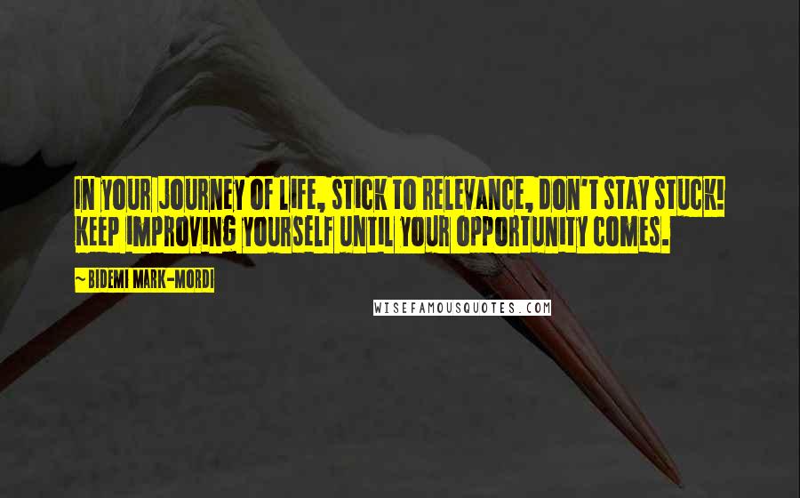 Bidemi Mark-Mordi Quotes: In your journey of life, stick to relevance, don't stay stuck! Keep improving yourself until your opportunity comes.
