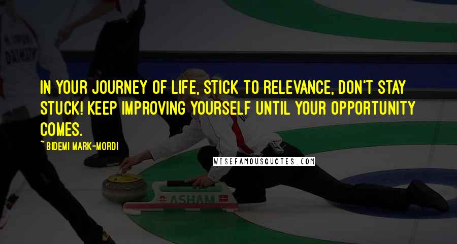 Bidemi Mark-Mordi Quotes: In your journey of life, stick to relevance, don't stay stuck! Keep improving yourself until your opportunity comes.