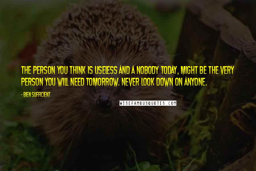 Bien Sufficient Quotes: The person you think is useless and a nobody today, might be the very person you will need tomorrow. Never look down on anyone.