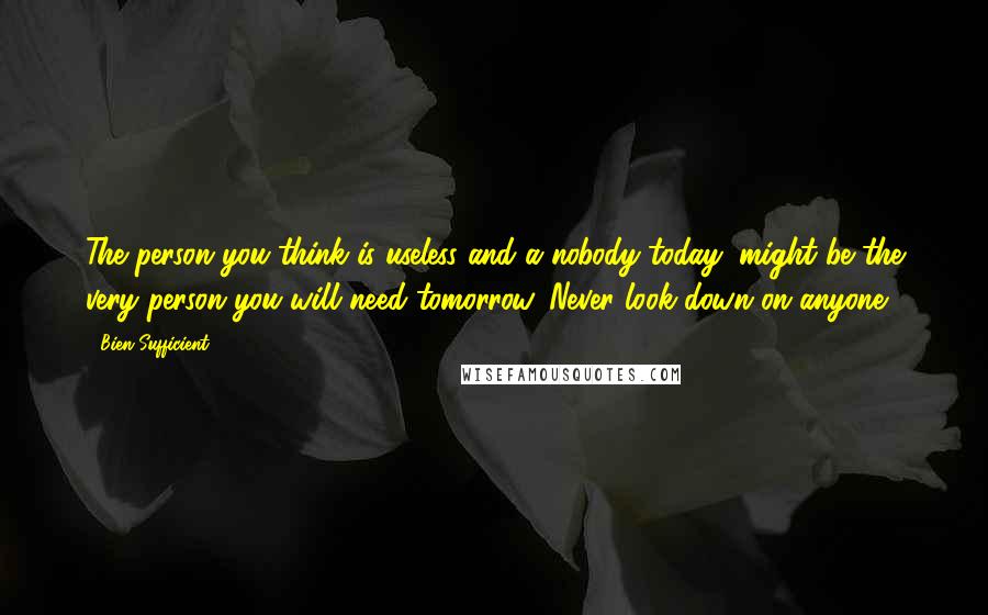 Bien Sufficient Quotes: The person you think is useless and a nobody today, might be the very person you will need tomorrow. Never look down on anyone.