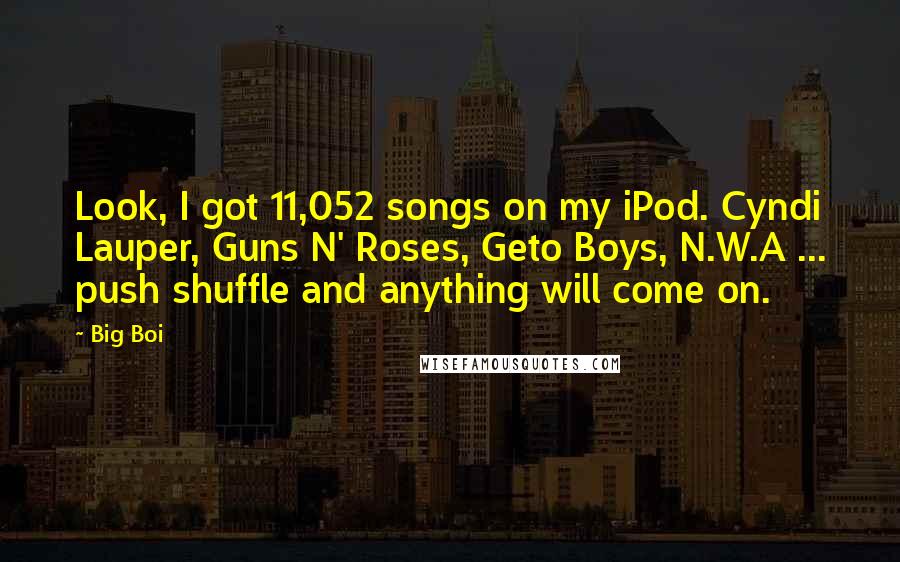 Big Boi Quotes: Look, I got 11,052 songs on my iPod. Cyndi Lauper, Guns N' Roses, Geto Boys, N.W.A ... push shuffle and anything will come on.