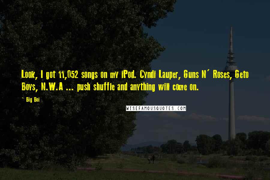 Big Boi Quotes: Look, I got 11,052 songs on my iPod. Cyndi Lauper, Guns N' Roses, Geto Boys, N.W.A ... push shuffle and anything will come on.