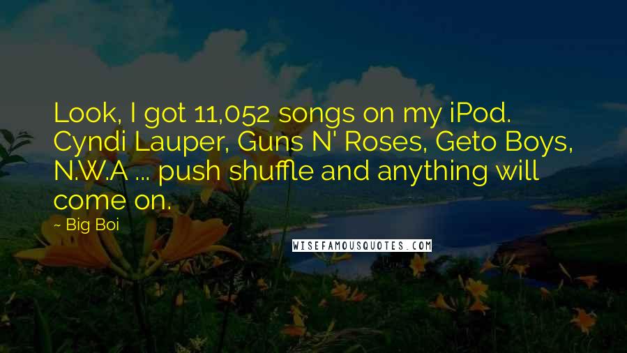 Big Boi Quotes: Look, I got 11,052 songs on my iPod. Cyndi Lauper, Guns N' Roses, Geto Boys, N.W.A ... push shuffle and anything will come on.