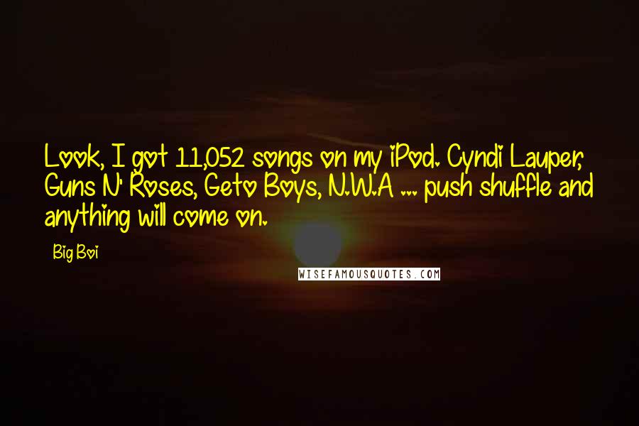 Big Boi Quotes: Look, I got 11,052 songs on my iPod. Cyndi Lauper, Guns N' Roses, Geto Boys, N.W.A ... push shuffle and anything will come on.