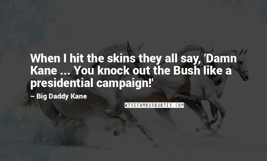 Big Daddy Kane Quotes: When I hit the skins they all say, 'Damn Kane ... You knock out the Bush like a presidential campaign!'