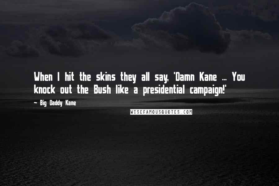 Big Daddy Kane Quotes: When I hit the skins they all say, 'Damn Kane ... You knock out the Bush like a presidential campaign!'