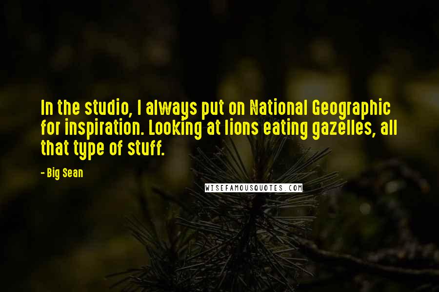 Big Sean Quotes: In the studio, I always put on National Geographic for inspiration. Looking at lions eating gazelles, all that type of stuff.