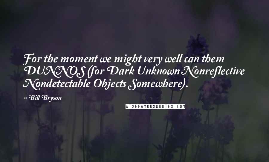 Bill Bryson Quotes: For the moment we might very well can them DUNNOS (for Dark Unknown Nonreflective Nondetectable Objects Somewhere).